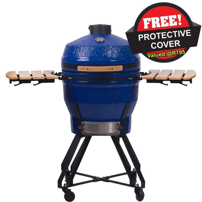 ceramic Kamado grill. 55cm in diameter in a blue